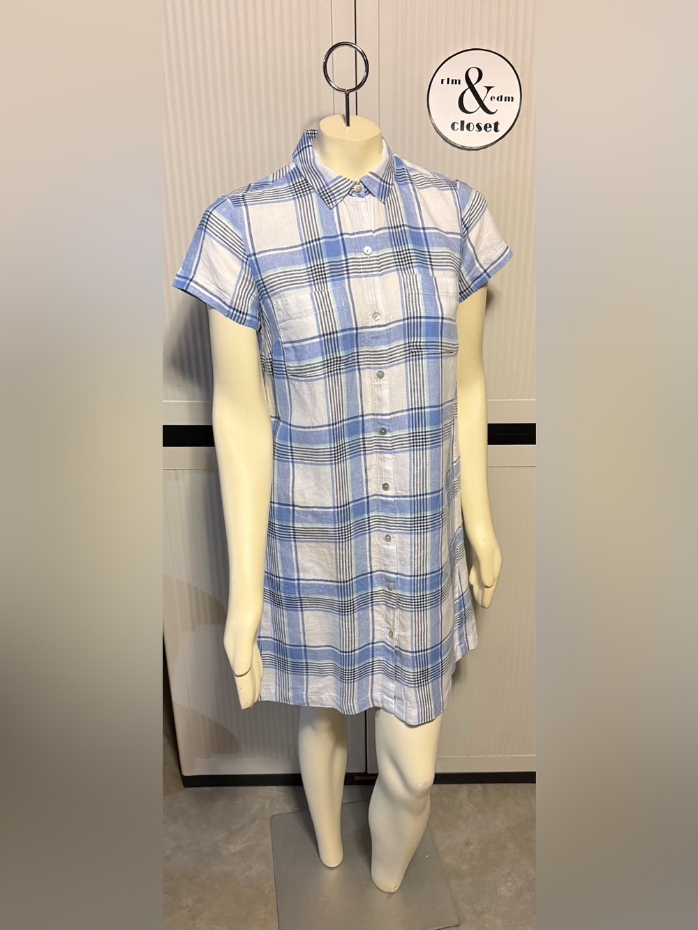 J. Jill Love Linen Blue & White Plaid Button-Up Shirt Dress -Great Casual Dress!